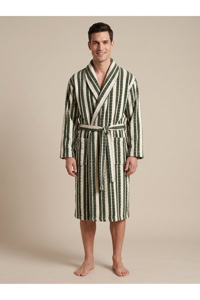 cottonparis Cotton Paris Maison Stripe Premium Series Jacquard Striped 100% Cotton Shawl Collar Luxury Unisex Bathrobe - Forest Green