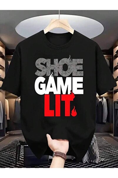 9JY [Plus T-Shirt] Black Plus Size T-Shirt Bold 'SHOE' 'GAME LIT' Graphic Des...
