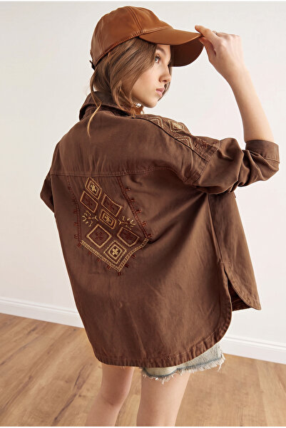Olalook Women's Brown Shoulder and Back Embroidery Detailed Cotton Gabardine ...