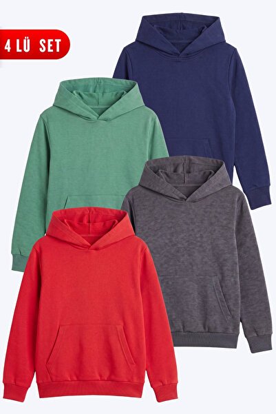 FYK KİDS Unisex Kids 4-Piece Basic Plain Kangaroo Pocket Hooded Sweatshirt