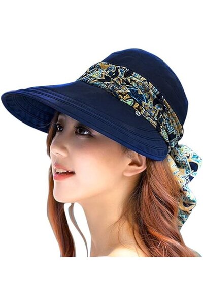 STARSTAR Women's wide-brim sun hat navy detachable neck strap foldable UV.