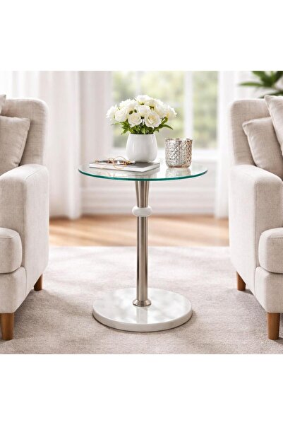 laverahome طاولة خدمة مستديرة سطح زجاج و قاعدة رخام مع عمود معدن – 35 سم – ذه...