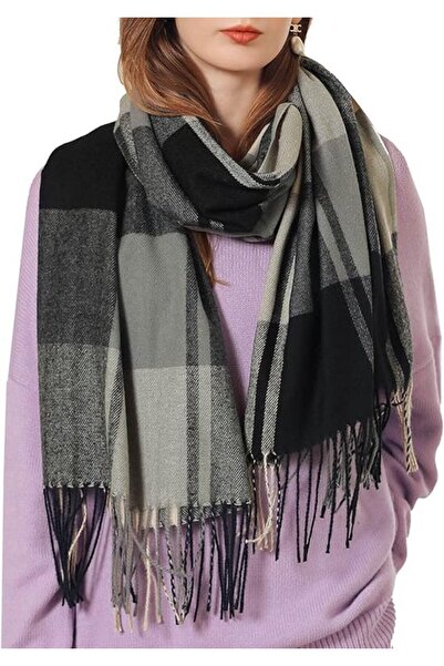 STARSTAR Women's faux cashmere scarf powder blue plaid tassel warm.