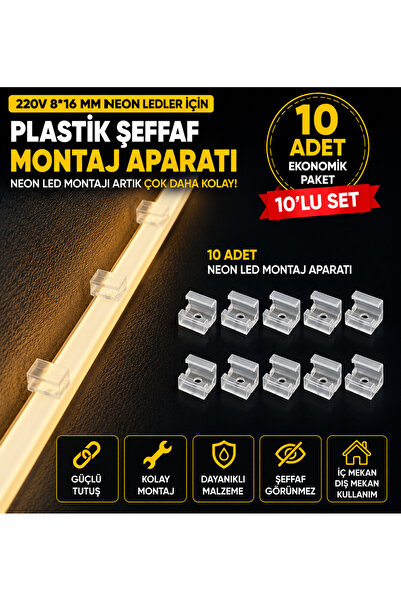 ECONA 10 ADET Neon Led Tutucu Klips 1 Vidalı Duvar Aparatı,Bağlantı Montaj Ap...