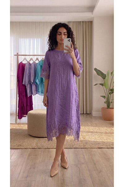 Juste Boutique Mor Dantel Detaylı Bisiklet Yaka Keten Midi Elbise