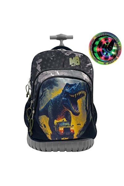 OEM School Backpack - Trolley Black Grey Khaki Dinosaur with Light-Up Wheels