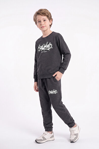 FYK KİDS Boy's Printed Crew Neck Double Pocket Tracksuit Set