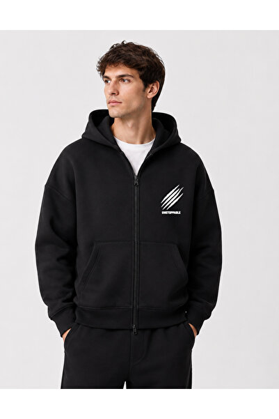 Deep sense Men's Black Hooded Zip-Up Oversized Brushed Inside Printed Sweatsh...