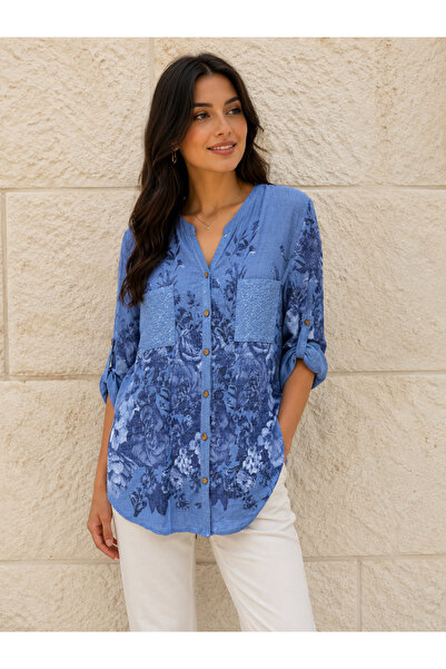 AGORATEKSTİL Women's Original Italian Patterned Shirt with Stamped Pockets Pl...