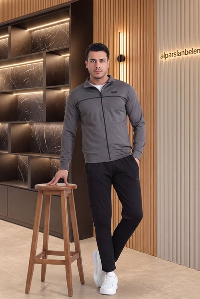 BELENDİR Men's Diver Zippered Tracksuit Set Fumesiyah