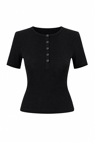 Özge Özgenç Short Sleeve Snap Button Ribbed Blouse