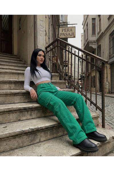 harmony factory Yeşil Kargo Cepli Yüksek Bel Wide Leg Bol Paça Kot Pantolon