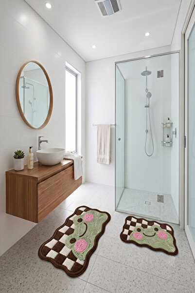 Yıkanabilir Saçaksız Kaymaz Dot Taban Yumuşak Desenli Banyo Paspası 2'li Set 60x100ve40x60cm