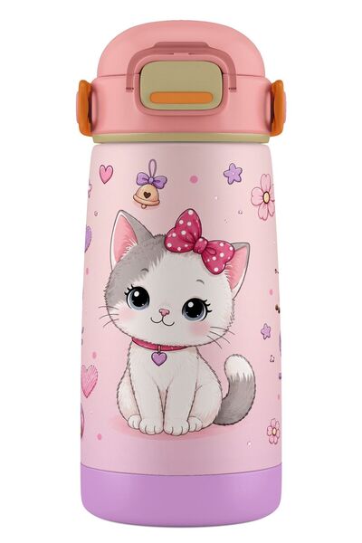 Puccon 420 ml Pink Cute Cat Printed Stainless Steel Thermos / Water Bottle fo...