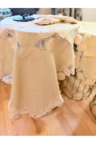 Ceki Home Γκρι Çeyizlik Flowers Μοντέλο 5 τεμαχίων Σετ δαντελωτών λινών ράνερ...