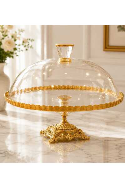 Buldem 1 Piece of Gold Detailed Cake Pastry Jar Stand with Glass Cover for Pr...