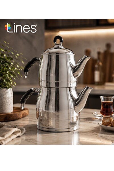 Lines Ayperi Paslanmaz Çelik Çaydanlık Seti Silikon Kulp 1.5 Litre Demlik 3 L...