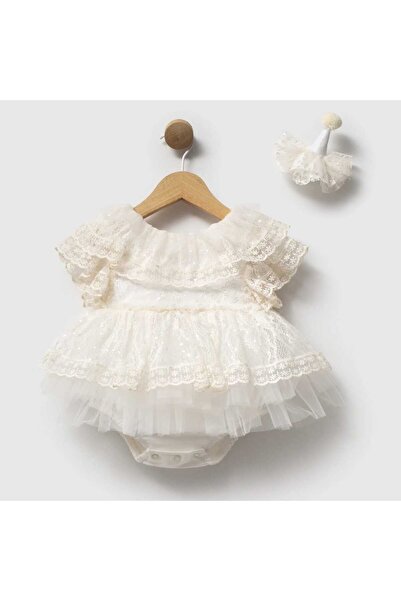 ministok Lily Rose Lace Baby Girl Romper with Bow on the Back and Hair Access...