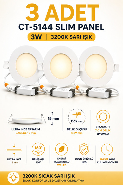 Yenilig 3 Adet CT-5144 3W Slim LED Panel 3200K Sarı Işık – Ultra İnce 15 mm –...