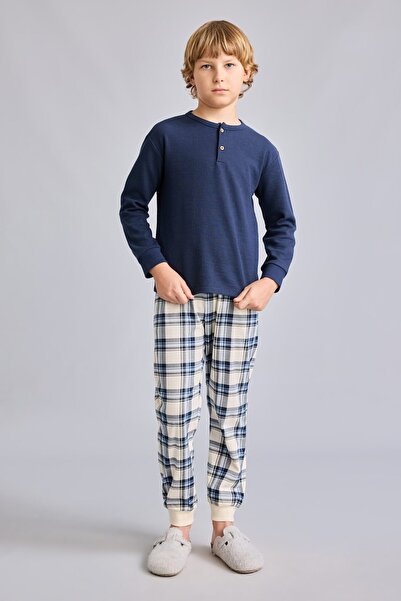 DeFacto Regular Fit Henley Collar Waffle Top Plaid Bottom 2-Piece Pajama Set ...