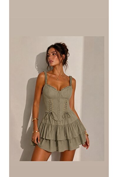 ruyaguneyboutique Keten Kumaş Haki Elbise