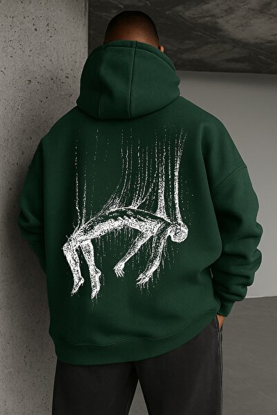 JANTIL MODA Unisex Oversize 3 Thread Yarn Kangaroo Pocket "Abstract Figure" P...