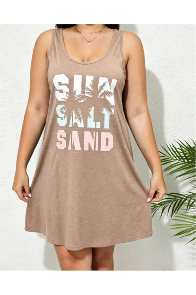 Take Two By Styli Plus Size Beige Graphic Print Sleeveless Nightdress