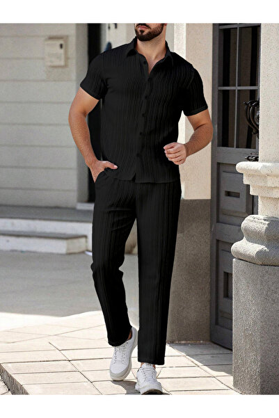 Take Two By Styli Men Plus Size Textured Shirt and Pants Co-ord Set
