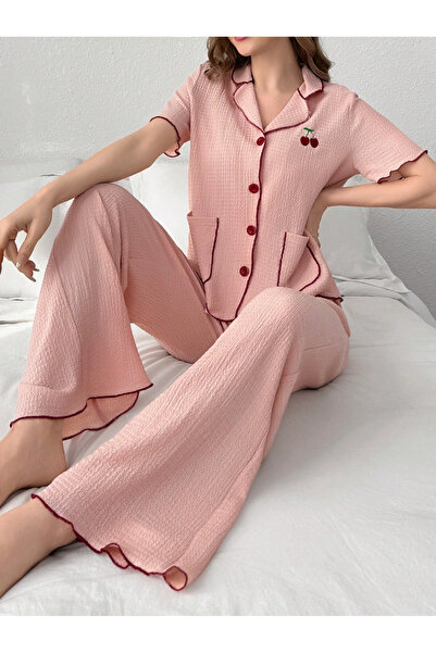 Take Two By Styli Light Pink Cherry Embroidery Shirt and Pyjama Set