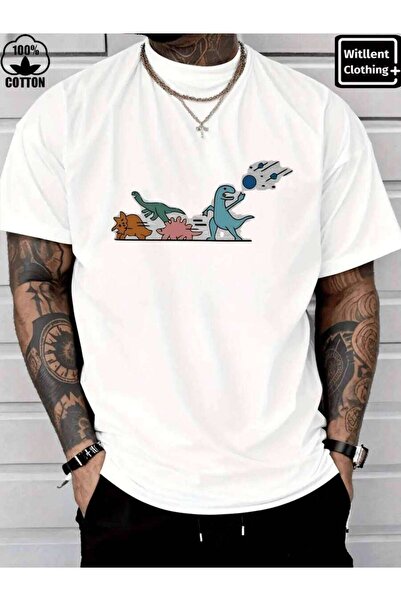 21JNRY 100% Cute Dinosaur World Pattern T-Shirt, Men's Christmas 220g Heavy C...