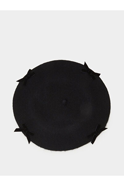 Styli Black Sloid Velvet Bow Detail Beret