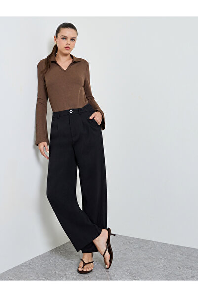 Take Two By Styli Black Solid Pleated Details Wide Leg Trousers