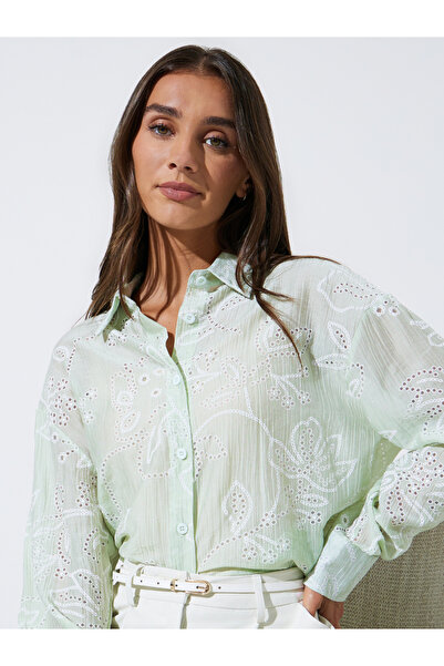 Styli Mint Green Eyelet Embroidered Longline Oversized Shirt