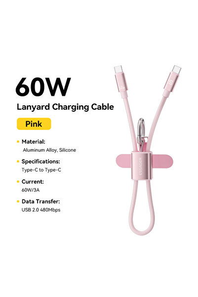 choice2 ESSAGER 0.3m 60W Pink 0.3M Essager 60W USB Type C Lanyard Charging Ca...
