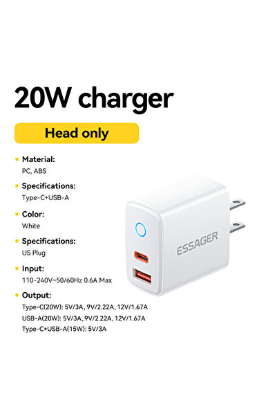 Choice1 ESSAGER 20W US Plug White Essager PD 20W Fast Charging Portable Charg...
