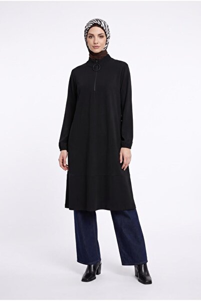 Armine Trend Yaka Fermuarlı Balon Kol Şerit Detaylı TAM KALIP Triko Tunik-110 CM