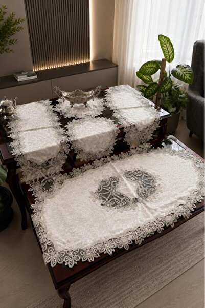 Çeyiz Diyarı Firdevs Velvet Living Room Set 5 Pieces Cream