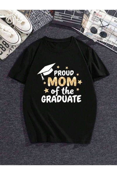 29CUN تي شيرت نسائي مطبوع عليه "Proud Mom Of A Graduate"، قميص فضفاض برقبة دا...