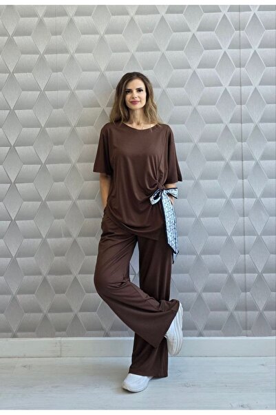 MAXORA SHOP Loose-fitting viscose outfits with Lidia scarf - Brown