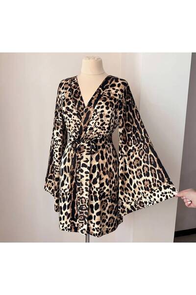 Sandrada SD Kimono Dama Satinat Animal Print cu Cordon în Talie și Mâneci Lar...
