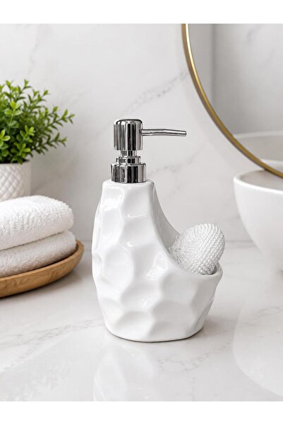 ALBETTO White Porcelain 500ml Liquid Soap Dispenser with Sponge Holder Compar...