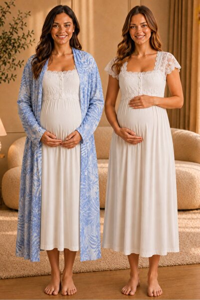 ByLohusa Soft Textured Patterned Dressing Gown Maternity Nightgown Set Effort...