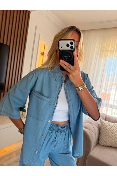Hiloş Boutique Light Blue Tencel Denim Shirt and Elastic Waist Pants Two-Piec...