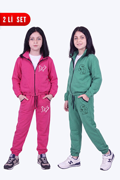 FYK KİDS Girl's 2-Piece Printed Stand Collar Double Pocket Zippered Tracksuit...