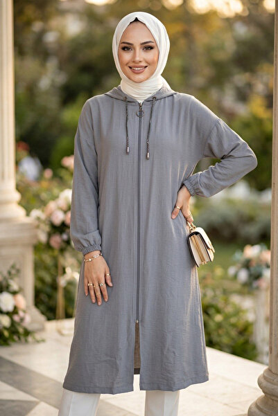 Neva Style Kapüşonlu Fermuarlı Gri Çilek Kumaş Tesettür Kap 15493GR