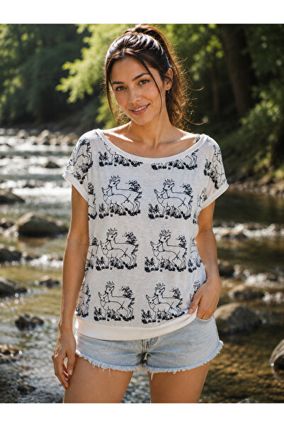 ERLINE Γυναικείο T-Shirt με στάμπα ελαφιού και λαιμόκοψη καγιάκ