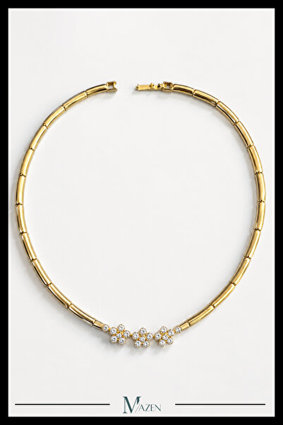 MAZEN VIP Özel Tasarım Zirkon Taşlı Üçlü Çiçek Detaylı Gold Choker Kolye