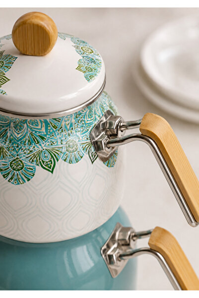 Heda Porselen Signature Enamel Teapot Set with Handles Turquoise