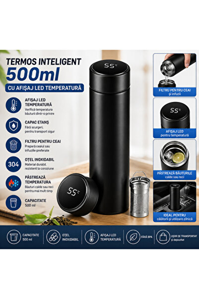 OEM Termos Inteligent 500 ml cu Afișaj LED Temperatură, Oțel Inoxidabil, Filt...
