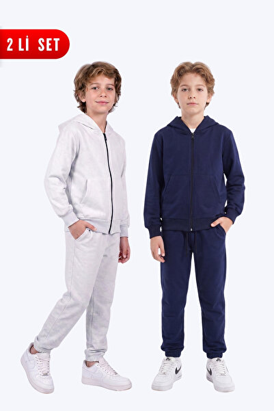 FYK KİDS Boy's 2-Piece Plain Basic Zippered Hooded Double Pocket Tracksuit Set
